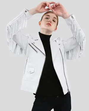 Layla White Fringe Biker Leather Jacket