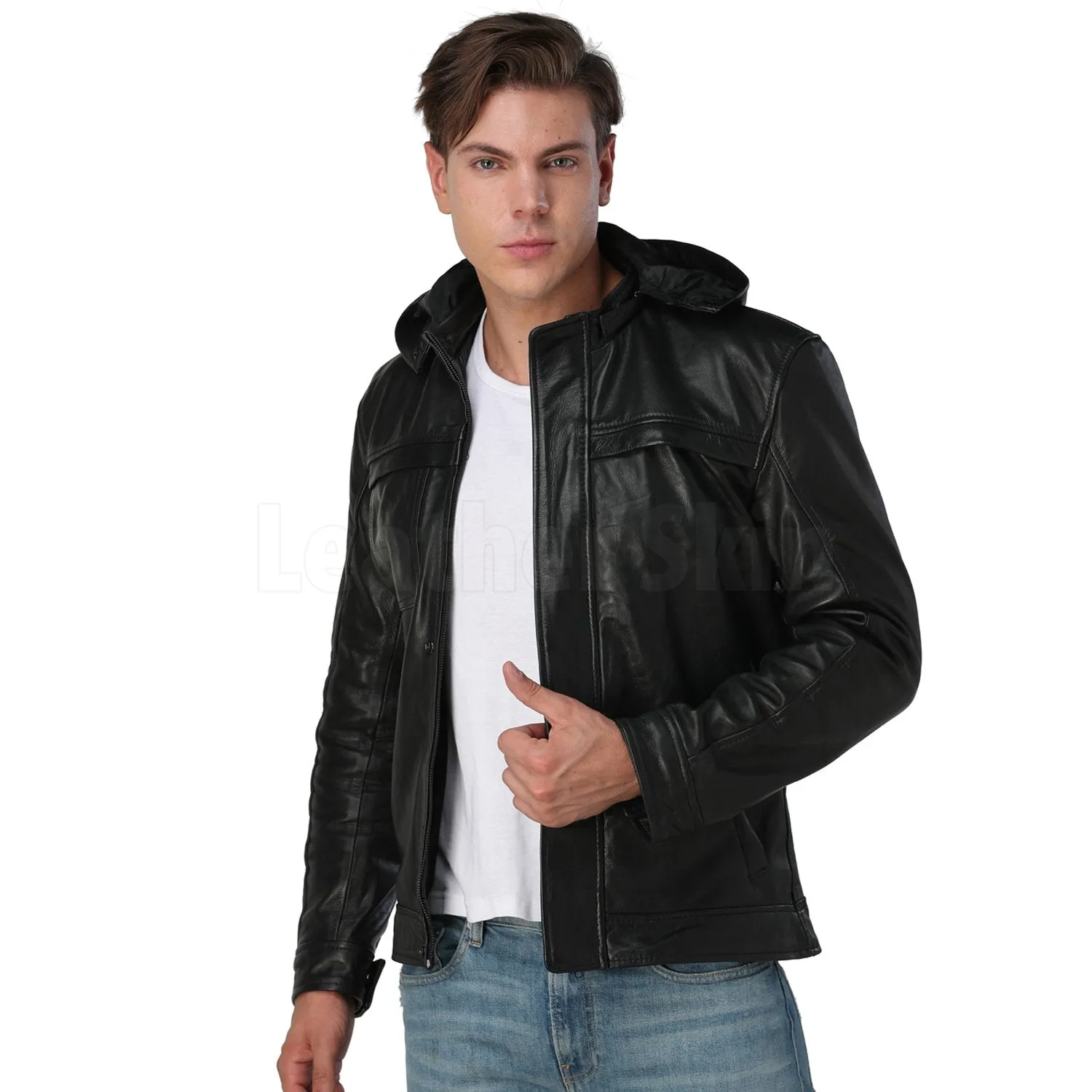 Men’s Black Hooded Leather Jacket