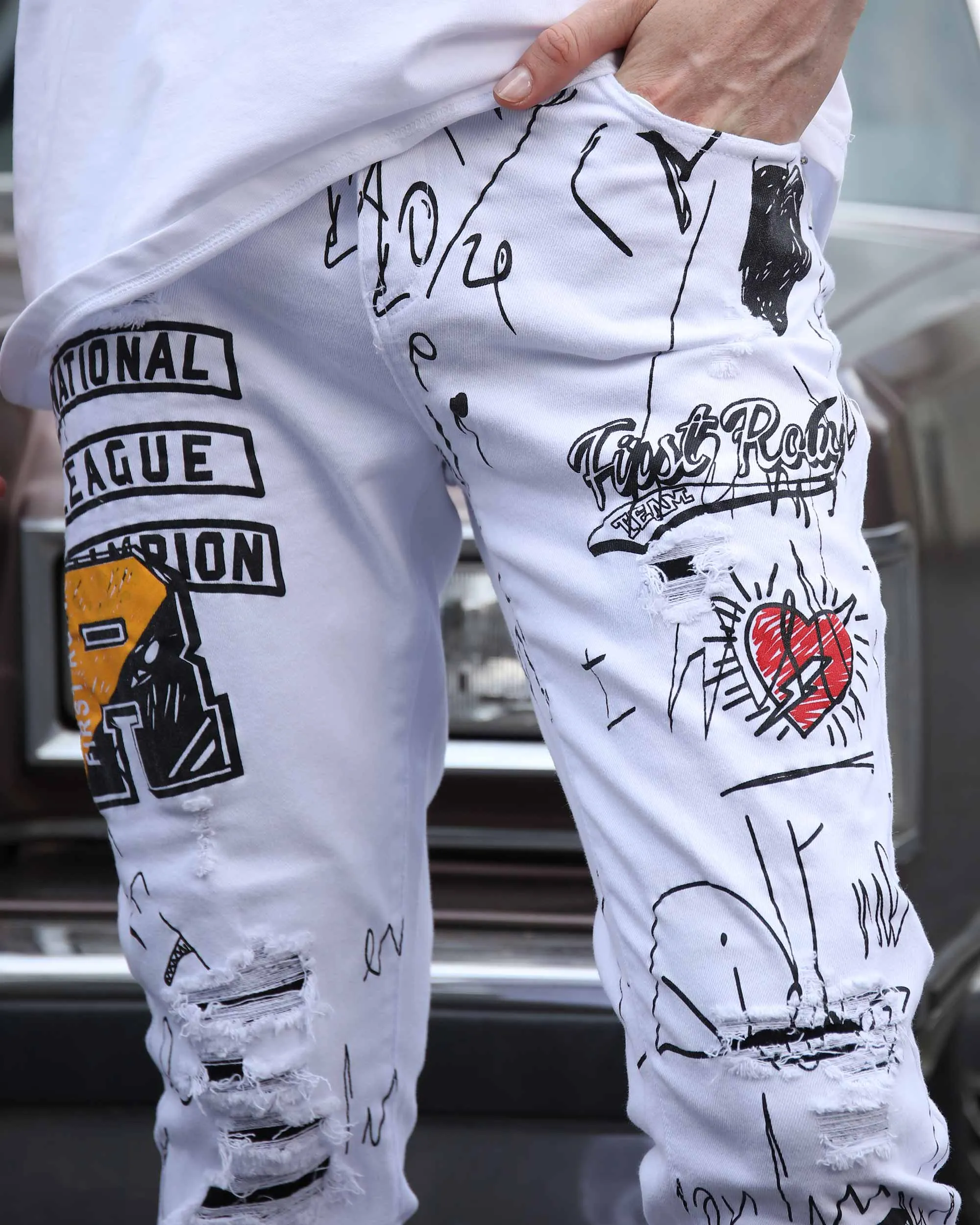White Ripped Jeans with Colorful Graffiti and Embroidery